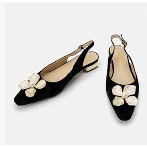 miss left Women Elegant Pearl Flower Closed Toe Slingback Pumps Low Heel Black